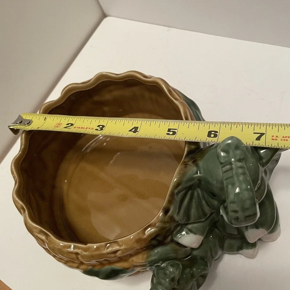 Vtg Majolica Style Elephant Planter Mother & Baby Bamboo Basket Ceramic Cachepot